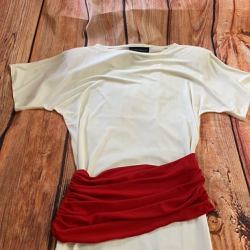 Jackie Rogers Grecian Style Cream maxi Dress, red waist band, neck tie, Medium - Picture 9 of 13